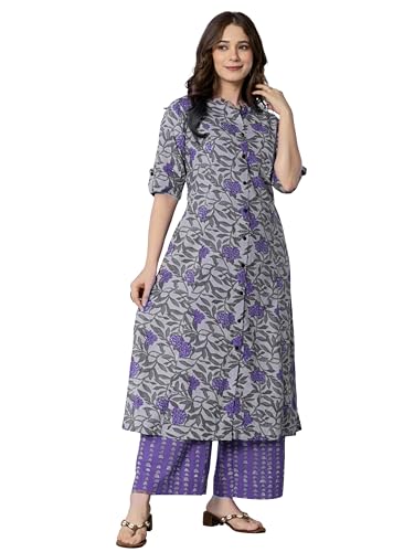 Image of rytras Women Cotton Printed A-Line Kurta with Palazzo Pant Set