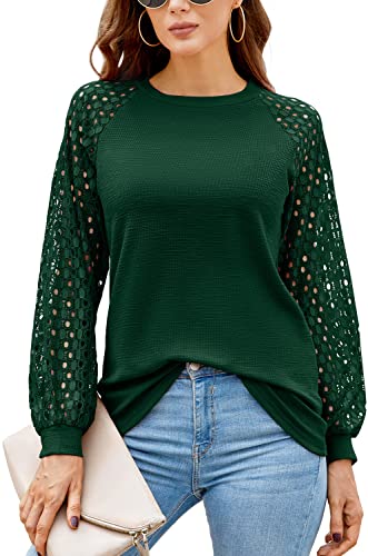 HAOMEILI Women’s Long Sleeve Tops Lace Casual Loose Blouses T Shirts S Dark Green