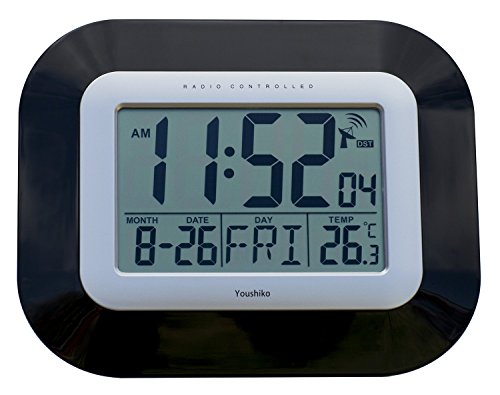 Youshiko Radio Controlled LCD Wall Mountable and Desk Clock (UK & Ireland Version) Jumbo LCD (Black)
