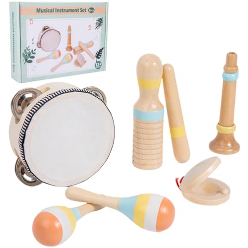 Alwodici Kids Musical Instruments 6 Pcs Wooden Musical Toy With Baby Tambourine Maracas Percussion Instruments Sets For 12345 year Old Early Development Gift Toys For Boys Girl