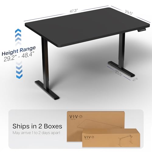 Image of VIVO Dark Gray 48 x 30 in Standing Desk, DESK-KIT-1B5G | Electric, Holds 220 lbs, Sit Stand, Height Adjustable, One-Piece Extra Deep Table Top, Memory Presets, 1B Series, Black Frame
