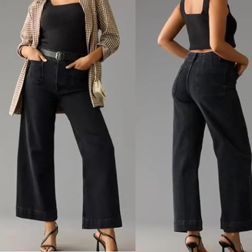 Zelobia Pants, Washed Stretch High Waisted Flared Cropped Wide-Leg Patch Pocket Jeans Tummy Wide Leg Cropped Pants4