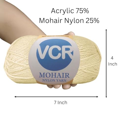Image of VCR Mohair Nylon Mint Cream Yarn, 100 Grams Hank, 196 Meters Length, Acrylic 75%, Mohair Nylon 25%, Pack of 1 Yarn, Soft Crosia Threads, Suitable for Winter Garments.
