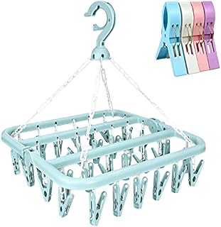 twirush Sock Dryer, 32 Peg Sock Hanger for Washing Line, Foldable Indoor Sock Dryer with 4 Large Beach Towel Clips Quilt Clips for Underwear Clothes Shoe Insoles Underwear Baby Clothes & Hats (Blue)