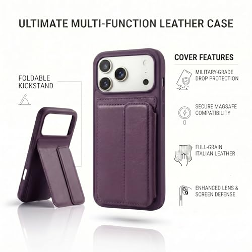 Image of amazon basics Luxury Vegan Leather Back Cover for iPhone 17 Pro | Built-in Card Holder Slot | Integrated Mobile Stand | Slim Shockproof Protective Case with Stitched Finish - Purple