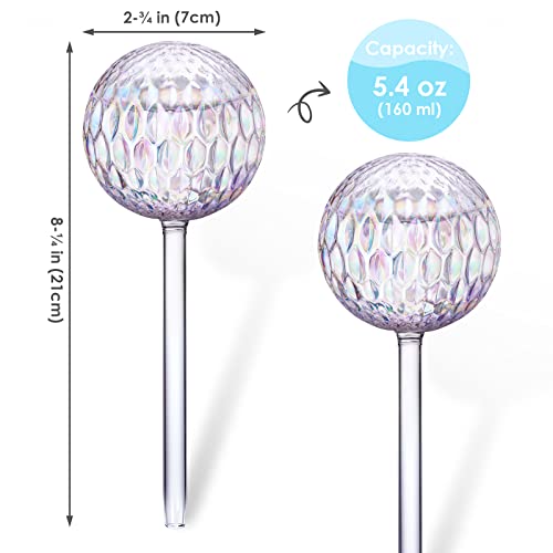 Tomorotec Glass Plant Self Watering Globes 2-Pack Pearl Luster Clear Iridescent Plant Watering Devices, Diamond Indent Pattern Self Watering Bulbs Planter Insert Decorative Vacation Watering Spikes