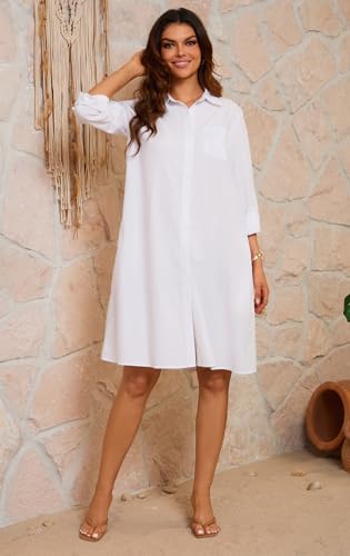 Image of chouyatou Women's Spring Summer Button-Down Shirt Dress Loose A-Line Midi Shift Tunic Dress