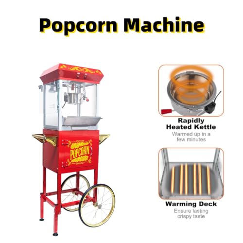 Image of Popcorn Machine with Cart, 8 Oz Kettle Makes Up to 2 Gallons, Vintage Popcorn Maker with Storage Cabinet, Movie Theater Style Popper for Commercial Home, Red