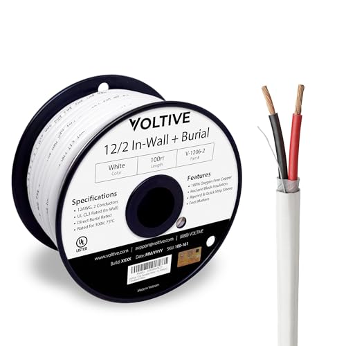 Voltive Cable de altavoz 12/2 – 12 AWG/Gauge 2 Conductor – UL listado en pared (CL2/CL3) y exterior/en tierra (entierro directo) – Cobre libre de oxígeno (OFC) – Bobina de 100 pies – Blanco
