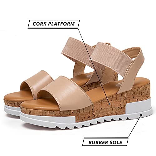 Katliu Women's Platform Sandals Open Toe Wedge Sandals Ankle Strap Cork Summer Sandals Nude #TOP4