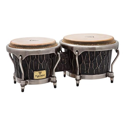 Tycoon Percussion 7″ & 8.5″ Bongos, Hand-Carved Design, Aged Siam Oak Shells, Water Buffalo Skin Heads, Chrome Deluxe Hoops, 5/16″ Tuning Lugs w/Wrench, Master Hand-Crafted Original Series (MTBHC-BC)