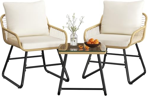Yaheetech Conjunto de Bistró Set de Ratán 3 Piezas, 2 Sillas con Cojines y 1 Mesa de Café de Cristal para Balcón/Porche/Patio, Color Marrón Claro/Crema