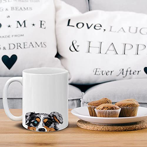 Funny Black Blue Merle Australian Shepherd Coffee Mug 11oz White Ceramic Cup Novelty Animal Portrait - Pet Owner Appreciation Thank You Gifts For Aussie Dog Lovers