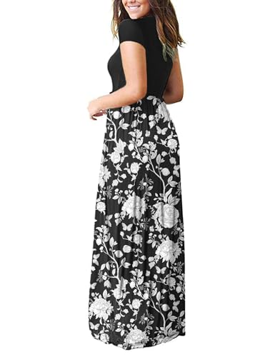 Image of MISFAY Women's Short Sleeve Maxi Dresses Long Casual Dresses with Pockets | Empire Elastic Waist, Crew Neck, Floor Length, Strentchy Flowy A Line Fit, Loose Plain Summer Outfits, Vacation Wear