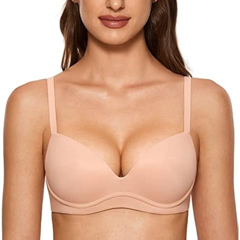 DOBREVA Women's Push Up Bra No Underwire Comfortable Wireless Bras Padded Plunge Blush Beige 36B Cover