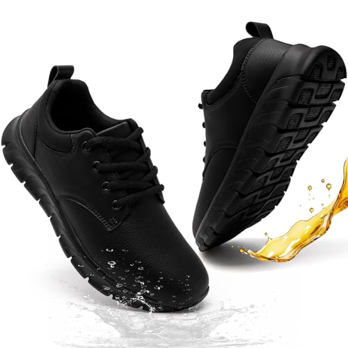 Mens Non Slip Work Shoes Waterproof Oil-Proof PU Leather Food Service Restaurants Kitchen Chef Shoes Comfy Walking Sneakers Lightweight Classic Stylish Casual Office Footwear A All Black