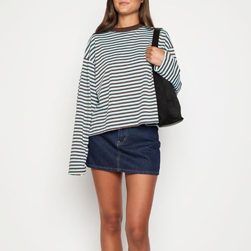 Amiblvowa Y2k Womens Striped Cropped Shirt Drop Shoulder Long Sleeve Crewneck Sweatshirt Fairy Grunge Sweater Tops Streetwear3