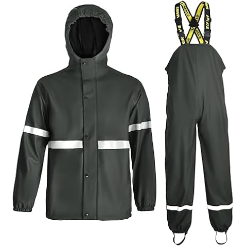 NAVIS MARINE Junior Rain Suit for Boys&Girls Waterproof,Windproof,Stretchable Jacket&Pants Reflective 4-14Y(Dark Green,134-140) Cover