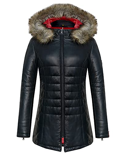 Blueorn Damen Lederjacke Merel Steppjacke aus echtes Premium Lamm Leder - Gesteppte Jacke mit Kapuze schwarz Cover