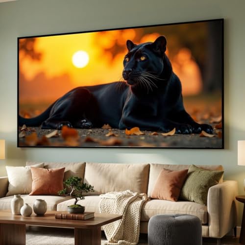 Panthère noire et coucher de soleil tableau sur toile 70 x 130 cm art mural esthétique