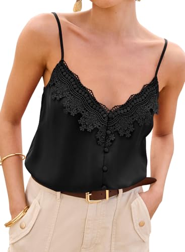 miduo Womens Fashion Satin Tank Tops V Neck Silk Lace Trim Button Cami Shirts Spaghetti Straps Camisole Sleeveless Tank Tops Blouse Black M