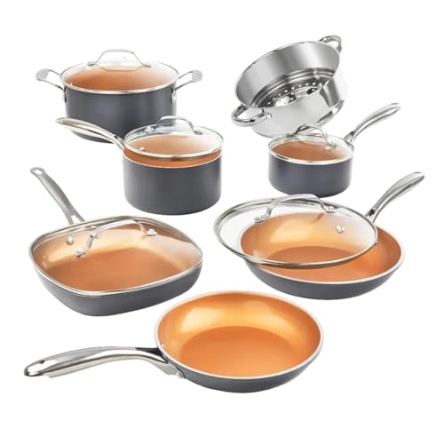 CCKUYT Juego de Utensilios de Cocina de 12 Piezas, sartenes y ollas antiadherentes con Revestimiento de Cobre, Apto para lavavajillas