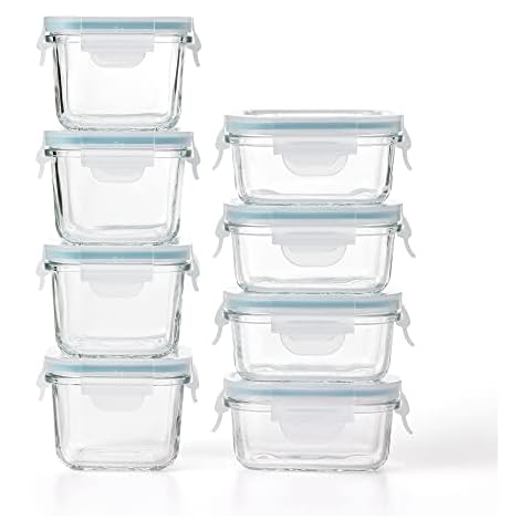 Glasslock Mini Reusable 5 Ounce Rectangular and 7 Ounce Square Tempered Glass Food Storage Container Set for Fridge and Freezer, 8 Piece Set Cover