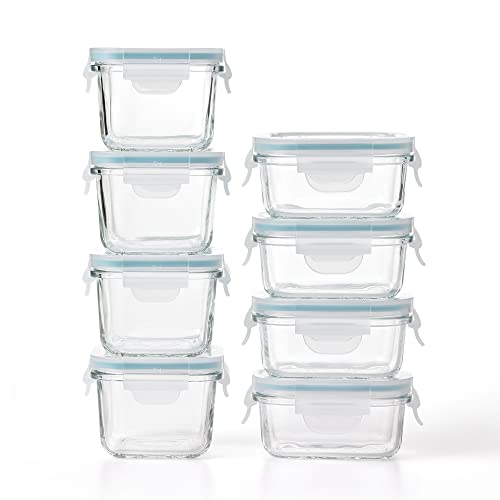 Glasslock Mini Reusable 5 Ounce Rectangular and 7 Ounce Square Tempered Glass Food Storage Container Set for Fridge and Freezer, 8 Piece Set