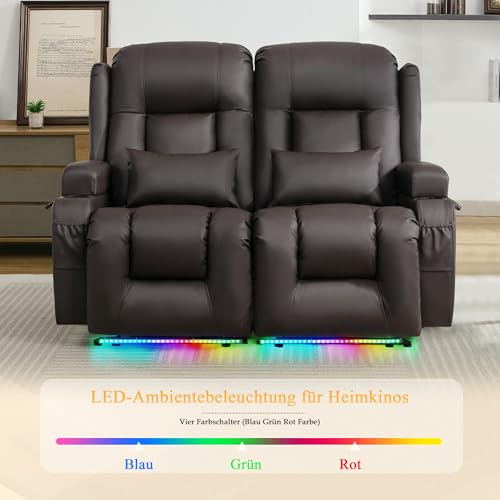LIFTSHA Zweisitzer Relaxsessel mit Liegefunktion, Fernsehsessel Elektrisch Verstellbar mit Heizung & Vibrierende Massage, TV Sessel Heimkino Sitze mit Mittelkonsole, Kunstleder, Dunkelbraun – Bild 8
