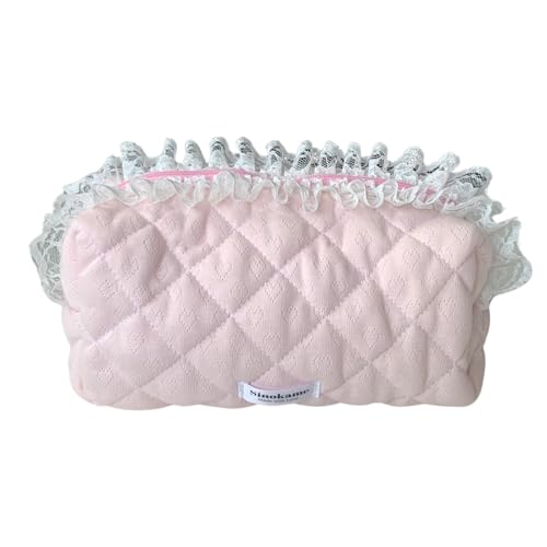 SINOKAME Handmade Pink Cute Quilted Makeup Bag, Lace Coquette Cosmetic Bag Fluffy Soft Reusable Toiletry Pouches Organizer, Reusable Washable Bags for Women Gifts(sweet angel)