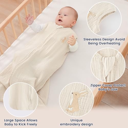 PHF 100% Muslin Cotton Baby Sleep Sack, 12-18 Months Baby Wearable Blanket with 2-Way Zipper, 2 Pack Soft Breathable Cooling 0.5 TOG Large Size Sleeveless Sleeping Bag for Boys/Girls, Woodland - Thumbnail 3