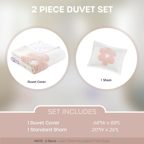 Urban Habitat Kids Twin Duvet Cover Set for Girls, Tufted Chenille Floral Duvet Set Twin, Lightweight Polka Dot Duvet Reversible Bedding Cover, Sham, Pillow, Gracie, Twin White/Purple 3 Piece