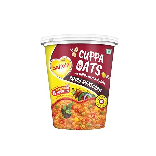 Image of Saffola Cuppa Oats, Spicy Mexicana | Tasty Mazedaar Snack | Just add hot water | Goodness of Jowar & Veggies | No Maida, No Added Preservatives | Helps Manage Weight | 44g /52g (weight may vary)