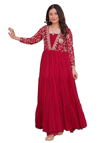 FOXDX Women's Georgette Embroidered Flared Anarkali Gown for Women || Traditional Embroidered Anarkali Dress (US, Alpha, X-Large, Regular, Regular, Pink)