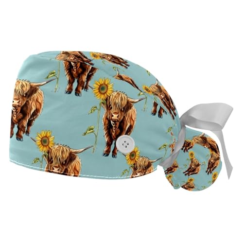 Image of 2 PCS Bouffant Cap with Button Ponytail Pouch Working Cap Sweatband Adjustable Surgical Cap Black and White Cow