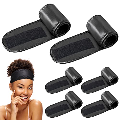Hercicy 6 Packs Black Satin Spa Headband Silk Adjustable Spa Hair Wrap Facial Headband Terry Cloth for Women Sleep Makeup