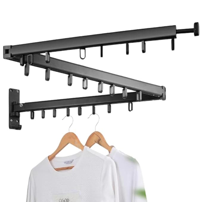 Image of Wall-Mounted Retractable Clothes Drying Rack | 51 Inch Extendable Folding Laundry Hanger with 360 Rotating Arms | Heavy-Duty Multi-Hook Drying Rail for Balcony, Bathroom, Indoor & Outdoor Use