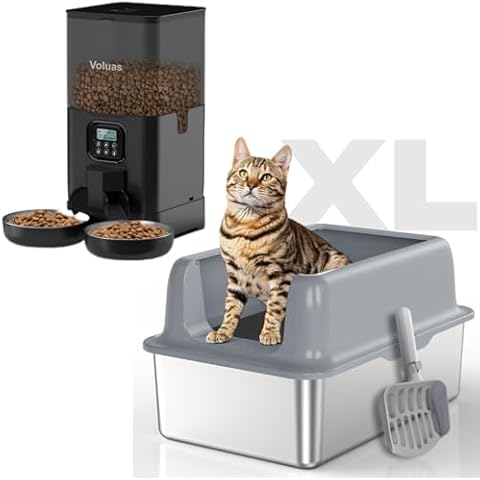 Automatic Cat Feeders for Two Cats + Stainless Steel Cat Litter Box Cover