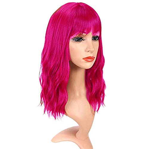 Hot Freaking Pink Wig with Bangs 14" Synthetic Natural Hair Wigs Heat Resistant Fiber Cosplay Wig for Women (Red)…