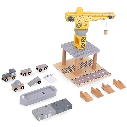 Mamabrum Hafenkran Spielset mit Magnetwinde, Holz-LKW, Lokomotive, Waggons, Frachtschiff & 12 Container - Lehrreiches Holzspielzeug für Kinder ab 3 Jahren (20 Teile)