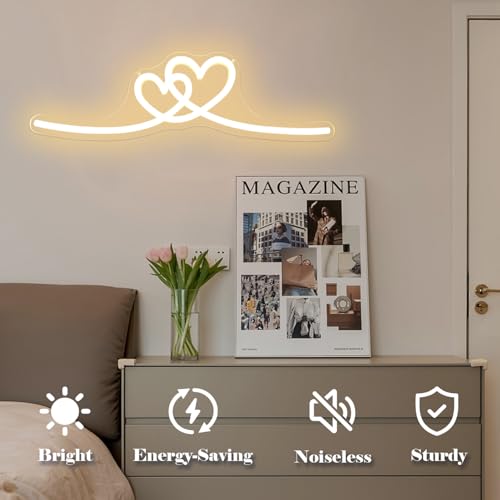 Image of Double Heart Neon Signs for Wall Decor Twin Hearts Led Sign Dimmable Warm White Neon Heart Sign Love Decorations for Girls Minimalist Bedroom(16.3 inchx 4.33 inch)
