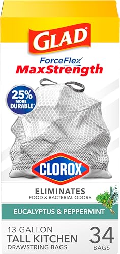 Glad ForceFlex MaxStrength with Clorox Trash Bags 13 Gal Eucalyptus 34 Ct (Package May Vary)