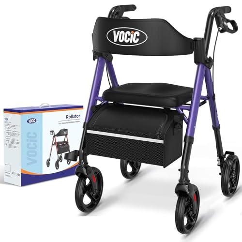 VOCIC Andador plegable y ligero con asiento, andadores estrechos para apartamentos, andadores para ancianos, plegable con neumáticos de 20 cm, para todo terreno, asiento y mango ajustables