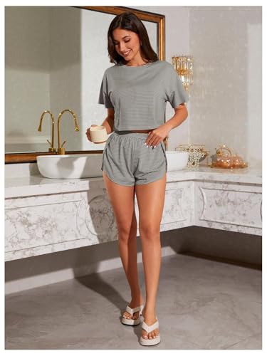 Image of OYOANGLE 2 Pack Pajama for Woman Set Summer Cute PJ Sets Striped Short Sleeve Tshirt and Split Shorts Lounge Set