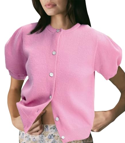 Image of Yimoon Women's Lightweight Puff Short Sleeve Cardigan Sweater | Summer, Y2K, Cropped Knit, Button Up, Blouse Tops