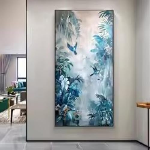 Toile vintage oiseaux et fleurs bleues 65x130 cm sans cadre