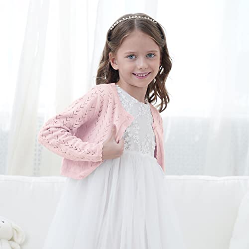 Girls Open Front Crochet Knit Bolero Shrug Kids Long Sleeve Button Down Cropped Cardigan Sweaters Cute Warm Knitwear For Dress,Light Pink,9-10 Years #TOP3