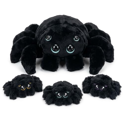 Cuddly Spider Plush Toy with Surprise - Soft Stuffed Animal Mommy Spider with 3 Baby Spiders in Zipper Tummy, Set for Kids, Fun Interactive Plushie for Ages 3-8(Black)