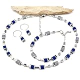 Handgemachte Hals Kette mit Polaris Würfel und Hämatit Edelstein sowie einem Edelstahlverschluss mit Verlängerung (Blautöne)