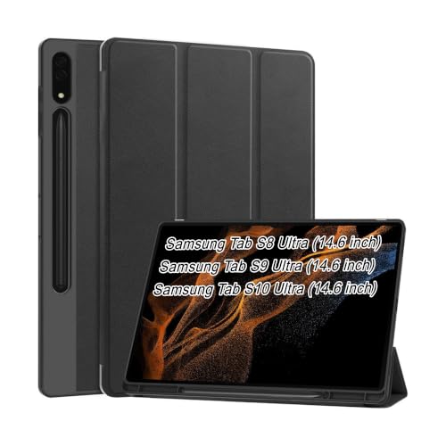 Image of CEDO Smart Case for Samsung Tab S8 Ultra / S9 Ultra / S10 Ultra / S11 Ultra (14.6 in) Tri-Fold Flip Folio Cover | Pencil Holder | Auto Wake-Up /Sleep Mode | Multi View Angles Stand TPU Backcover (Black)
